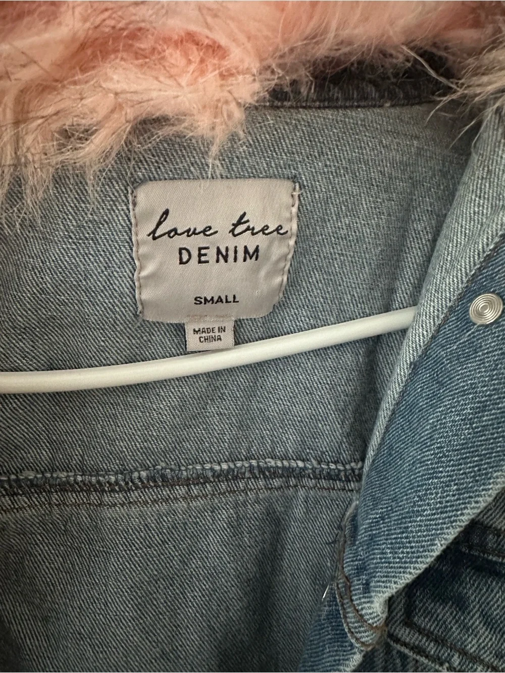 Denim Jacket with Detachable Pink Faux Fur Hood Trim